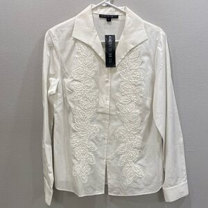 Lafayette 148 white blouse with decorative flowers size 8 NWT